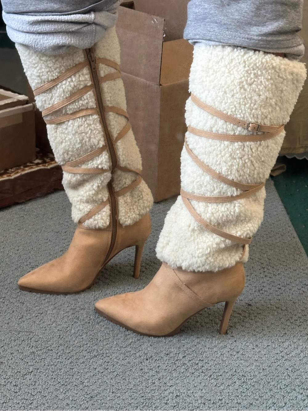 Tan Fur Knee High Boots
